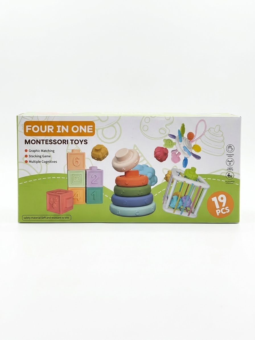 Generic Brand 4-in-1 Montessori Baby Toy Set with Pull-String Teether Stacking Blocks _ Stacking Rings, Baby Blocks, Sensory Cube, Bath Play